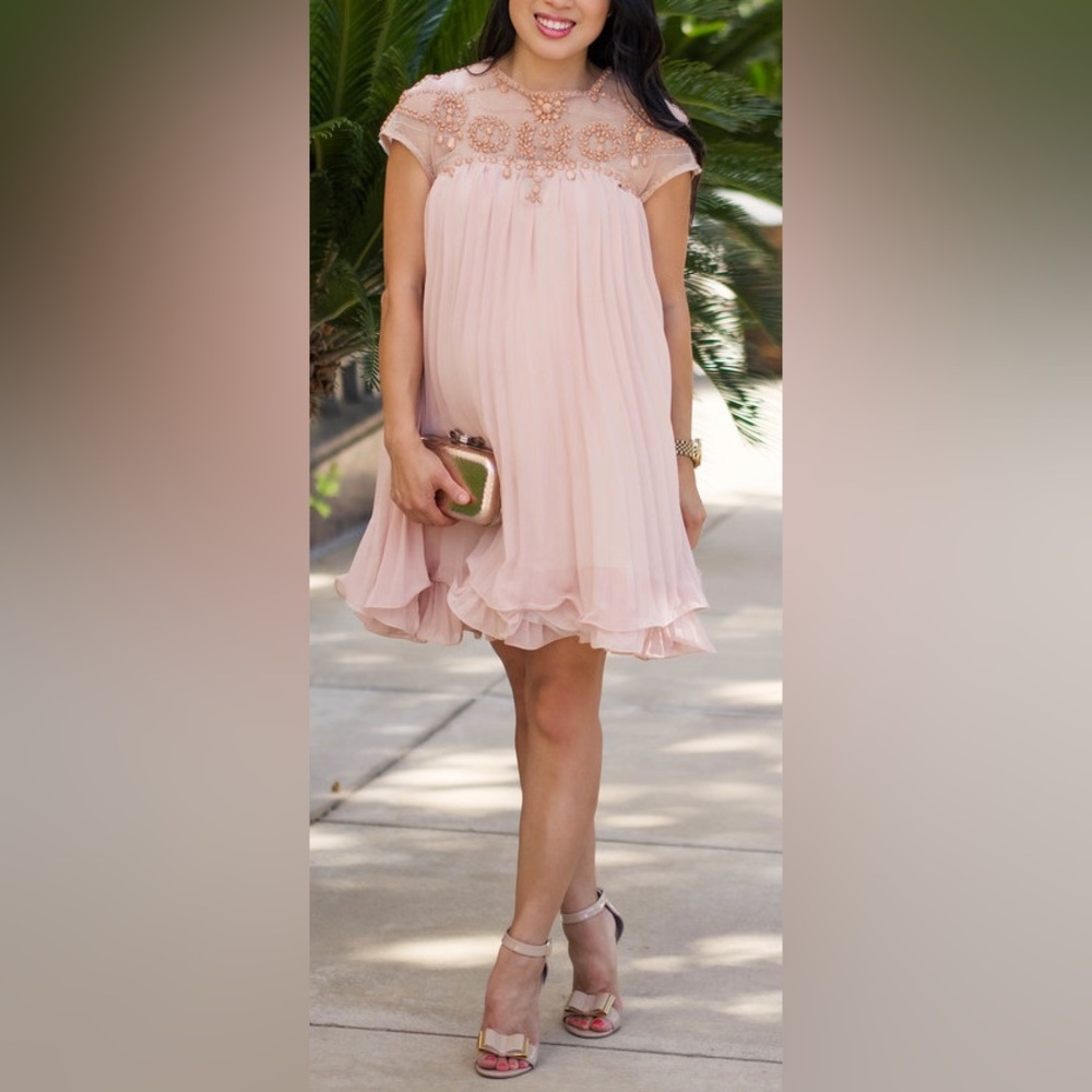 BEADS EMBELLISHED PLEATED DOLLY DRESS IN NUDE PINK